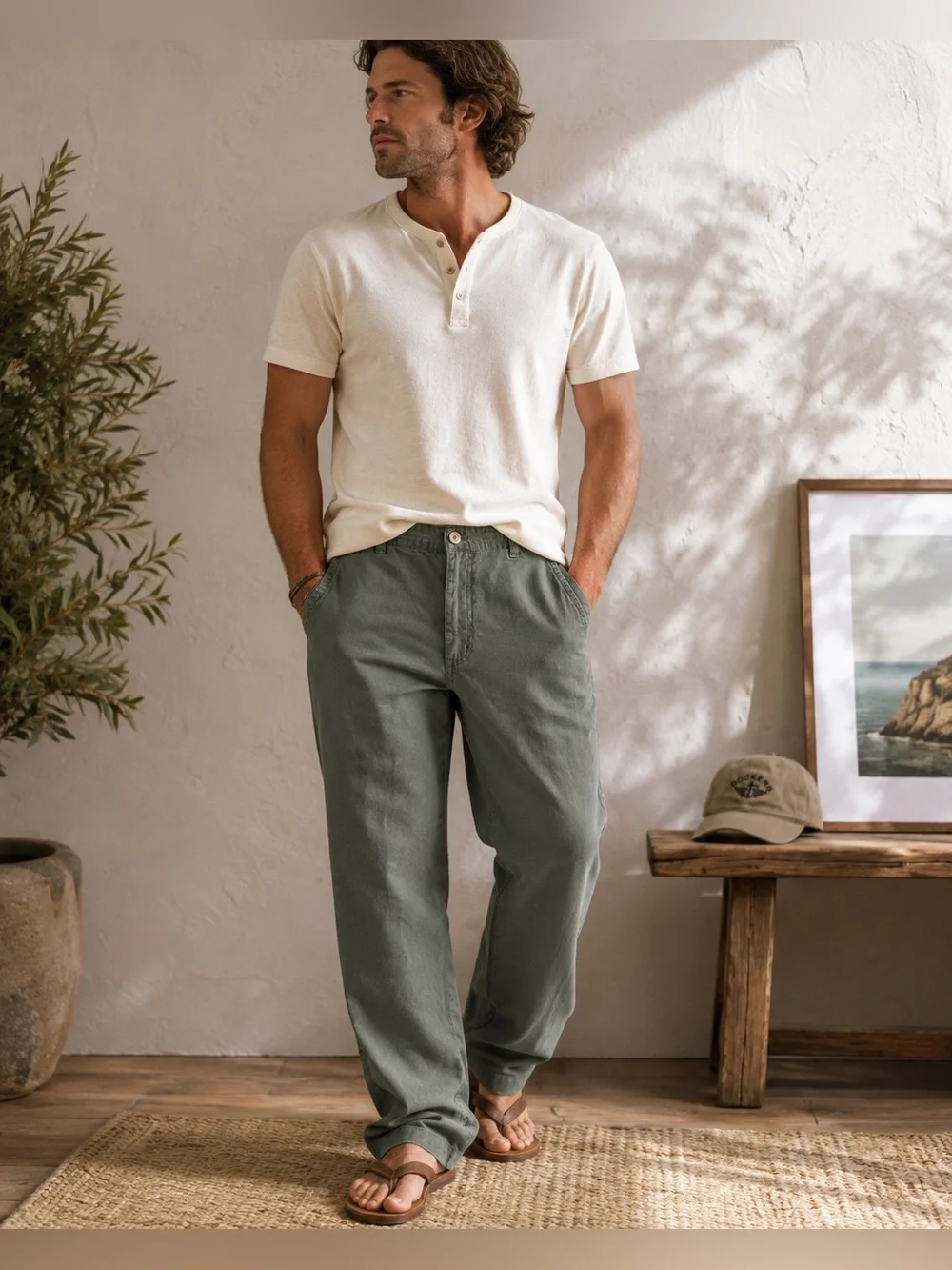 Dockers 100% Linen Drawstring Pants Olive Green Relaxed Straight Leg Men’s 33x32